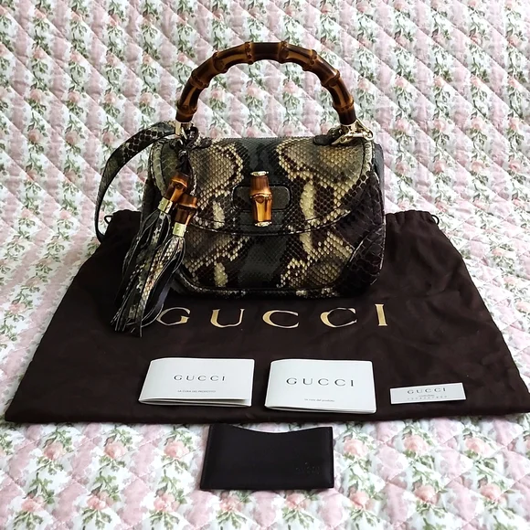 NWT Limited edition Gucci Python bamboo top handle bag exotic snakeskin strap - Picture 3 of 17